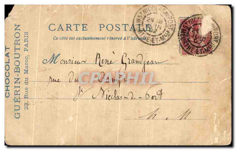 CPA Paris Le Vieux Paris Chocolat Guerin Boutron Exposition universelle 1900 Le poste du grand Chatelet Mousquetaires — Rückseite