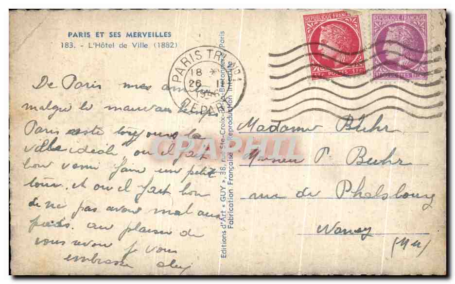 CPA Paris Et Ses Merveilles Hotel de ville  — Rückseite