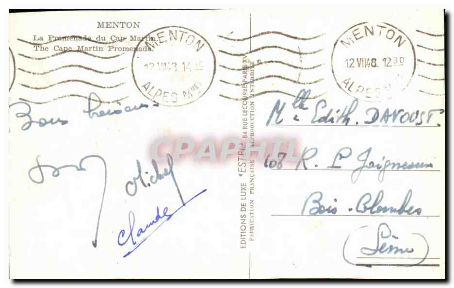 CPA Menton La Pronienade Du Cap Martin — Verso
