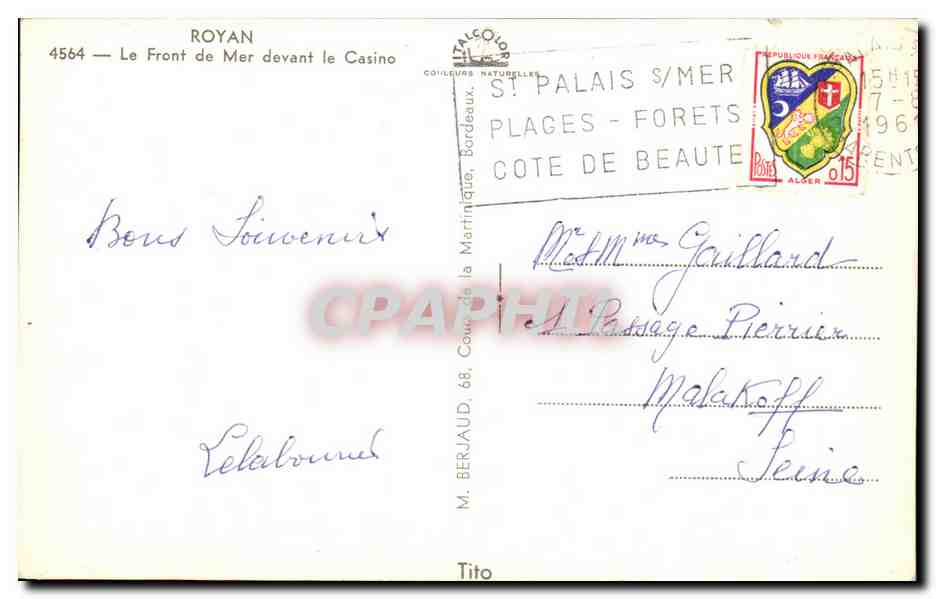Royan — Le Front de Mer devant le Casino — M. Berjaud, éditeur, n° 4564 — Reverso