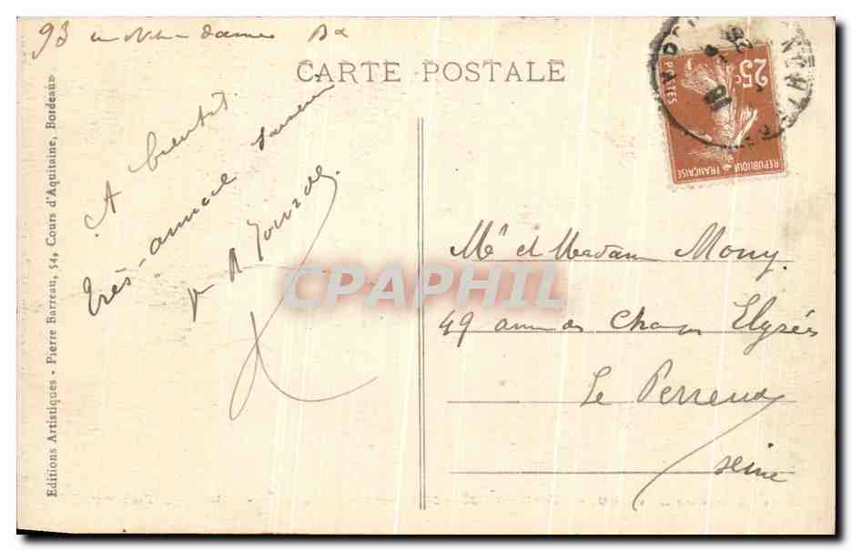 Bordeaux — Monument Gambetta — Allées de Tourny — Édition Aux Dames de France, n°80 — Verso