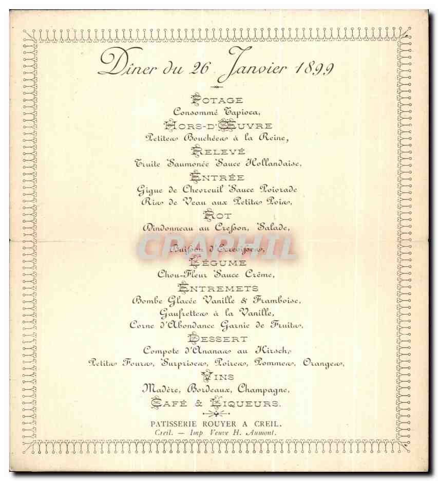 Menu 26 janvier 1899 Me Grosjean Femme Folklore Costume — Rückseite