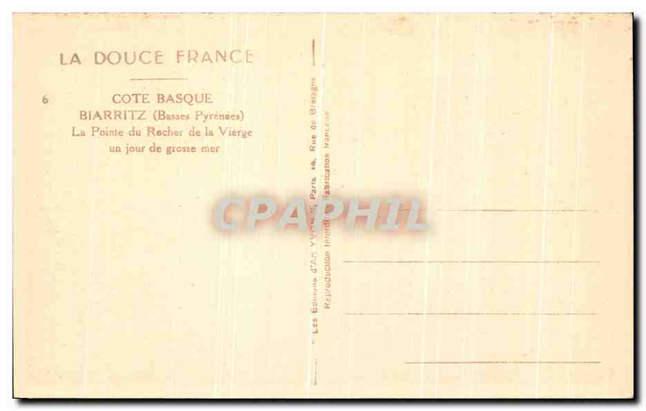 CPA La Douce France cote Basque Biarritz La Pointe du Rocher de la Vierge un Jour de grosse mer — Verso