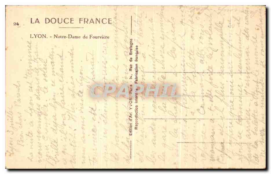 CPA La Douce France Lyon Notre Dame de Fourviere — Verso