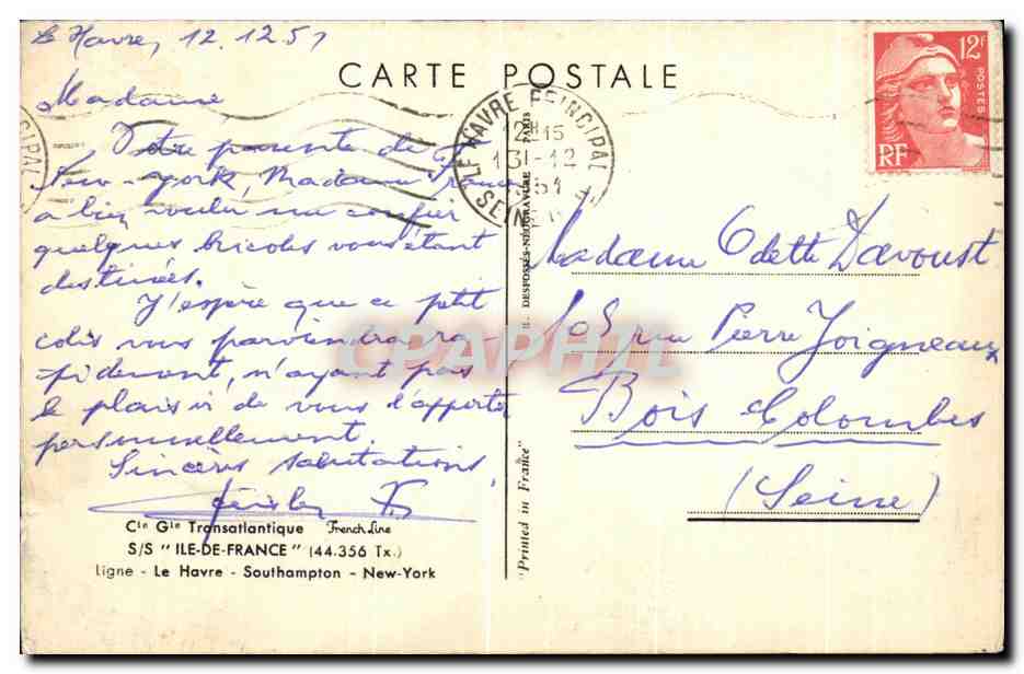 CPA Transatlatique Ile De France Ligne Le Havre Southampton New York Paquebot Bateau — Verso