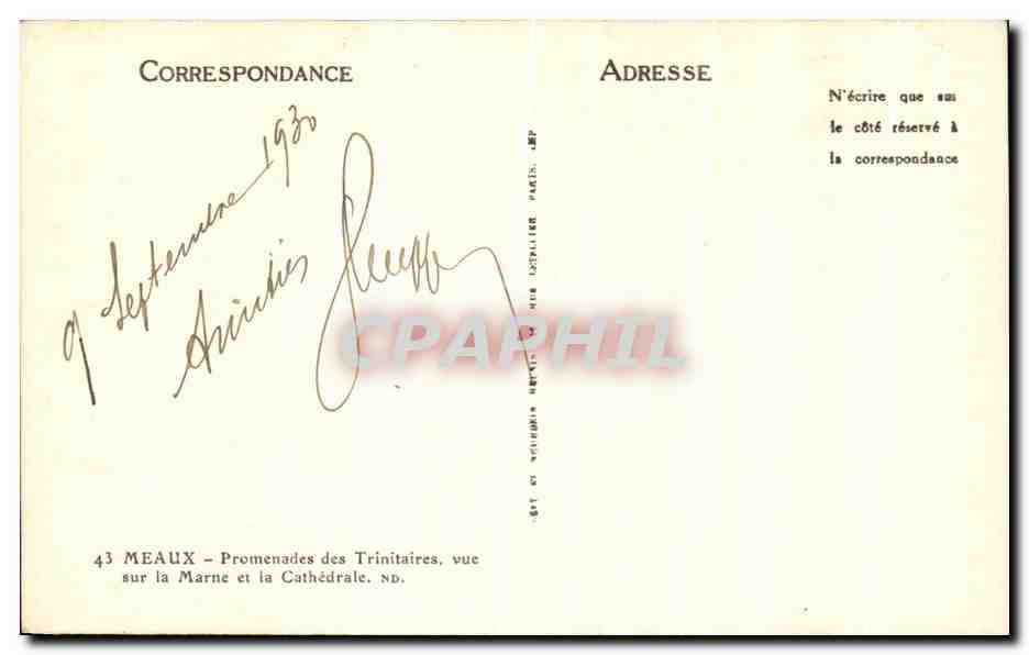 Meaux — Promenades des Trinitaires, Ansicht der Marne und der Kathedrale — CPAPHIL — Rückseite