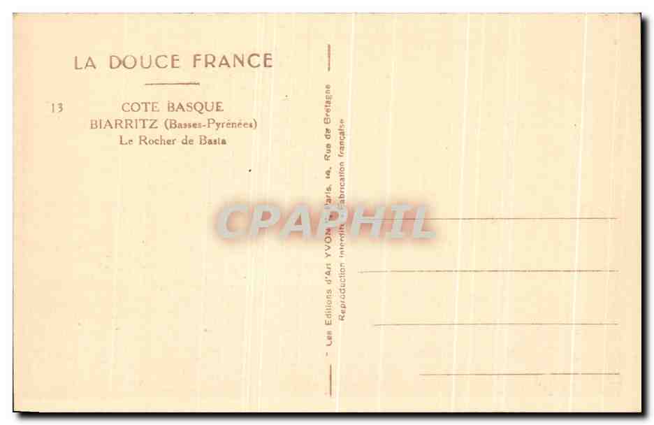 CPA Cote Basque Biarritz Les Rochers de Basta — Verso