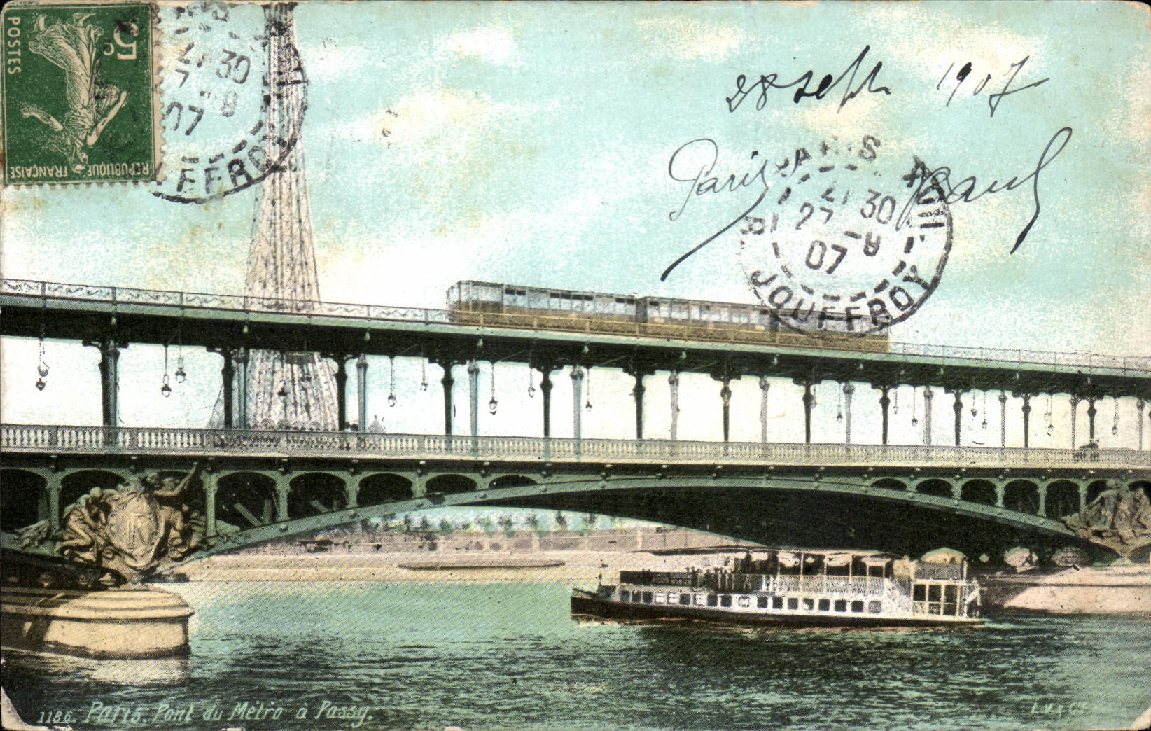 CPA Paris Pont du metro a passy Peniche Tour Eiffel
