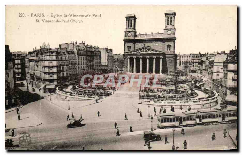 CPA Paris Eglise St Vincent de Paul Tramway