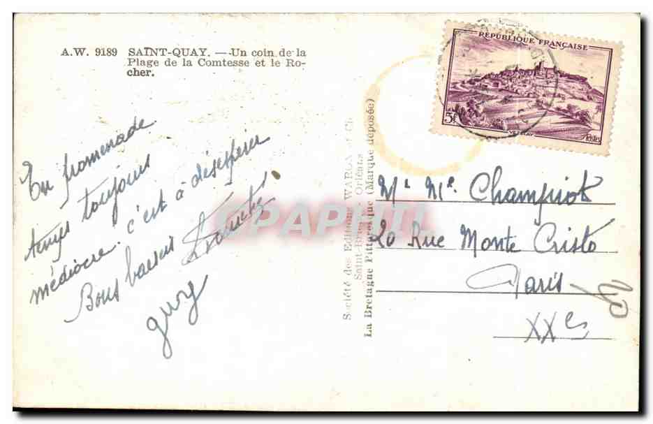 CPA Saint Quay Un Coin De La Plage De La Comtesse Et Rocher — Rückseite