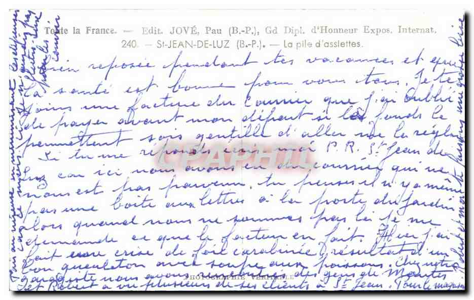 La pile d'assiettes — St-Jean-de-Luz — Edit. JOVÉ, Pau (B.P.) — Verso