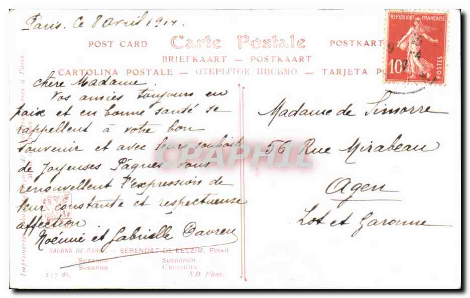 CPA Salons de Paris Serendat de Belzim Susanne — Verso