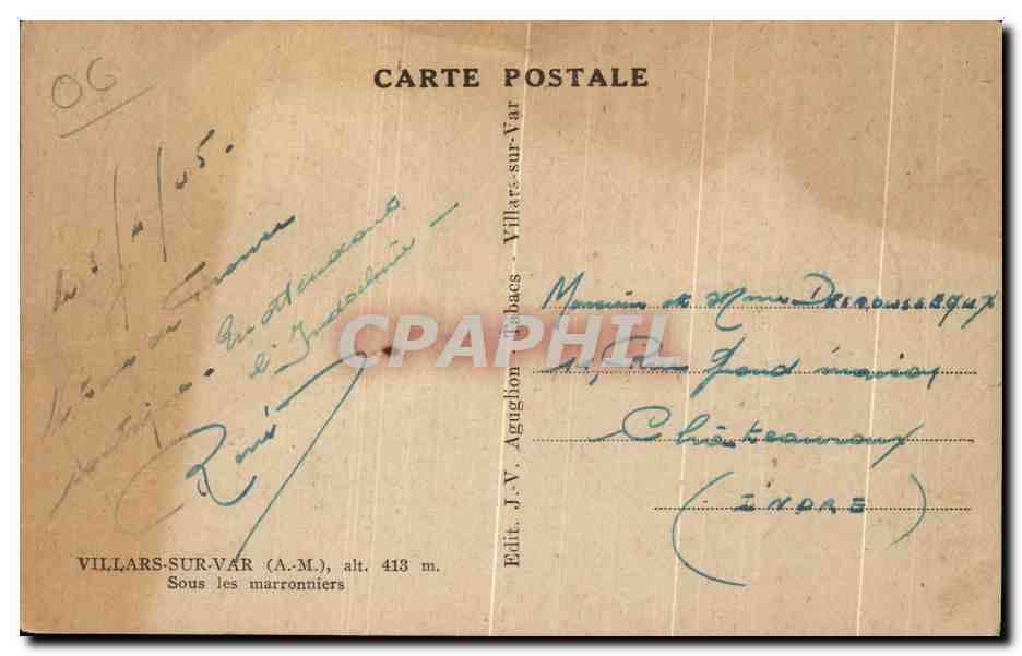 Villars-sur-Var — Sous les marronniers — Edit. J.V. Aguglion (A.M.) — Rückseite