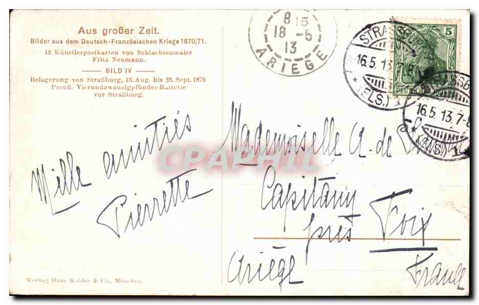 Antike Ansichtskarte Militaria 1870 1871 Straßburg — Rückseite