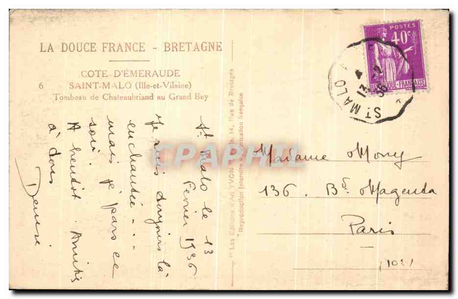 Tombeau de Chateaubriand au Grand Bey — Côte d'Émeraude — Éditions d'Alphonse Yvon — Verso