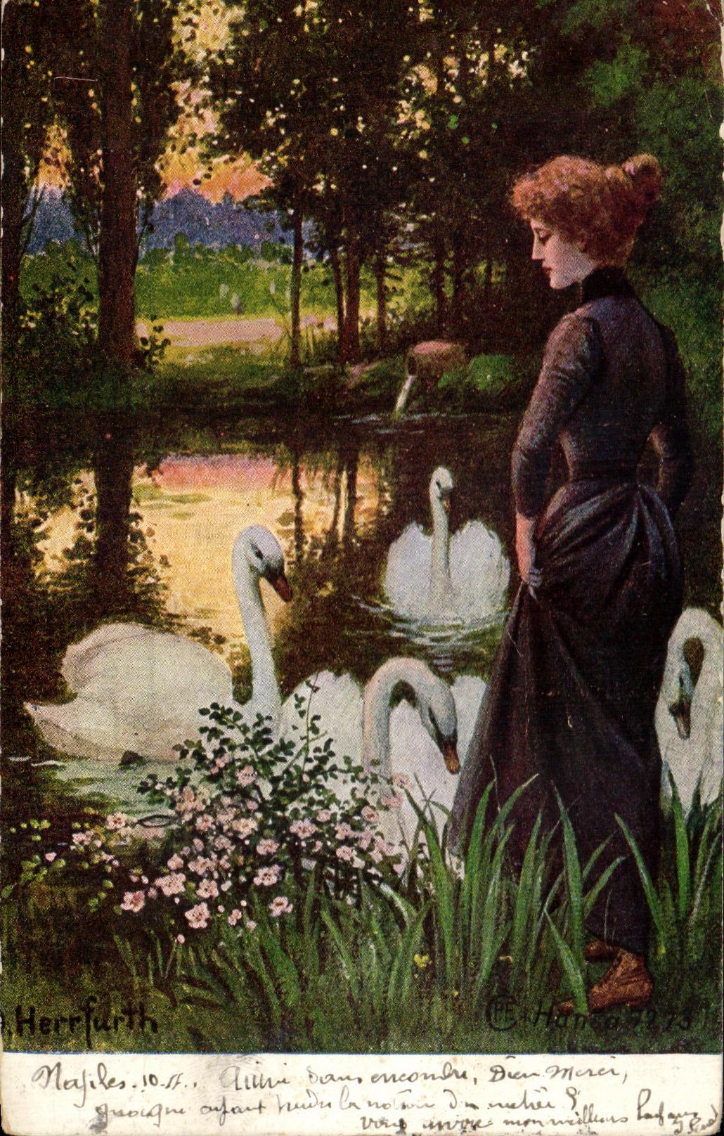 CPA Femme au milieu des cygnes Fantaisie