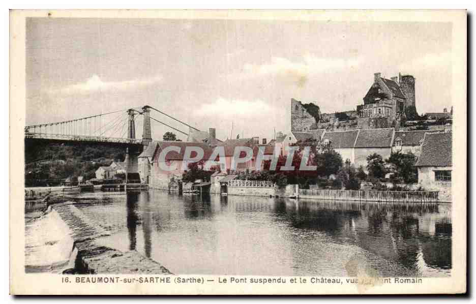 CPA Beaumont sur Sarthe Le Pont Suspendu et le Chateu vue Romain