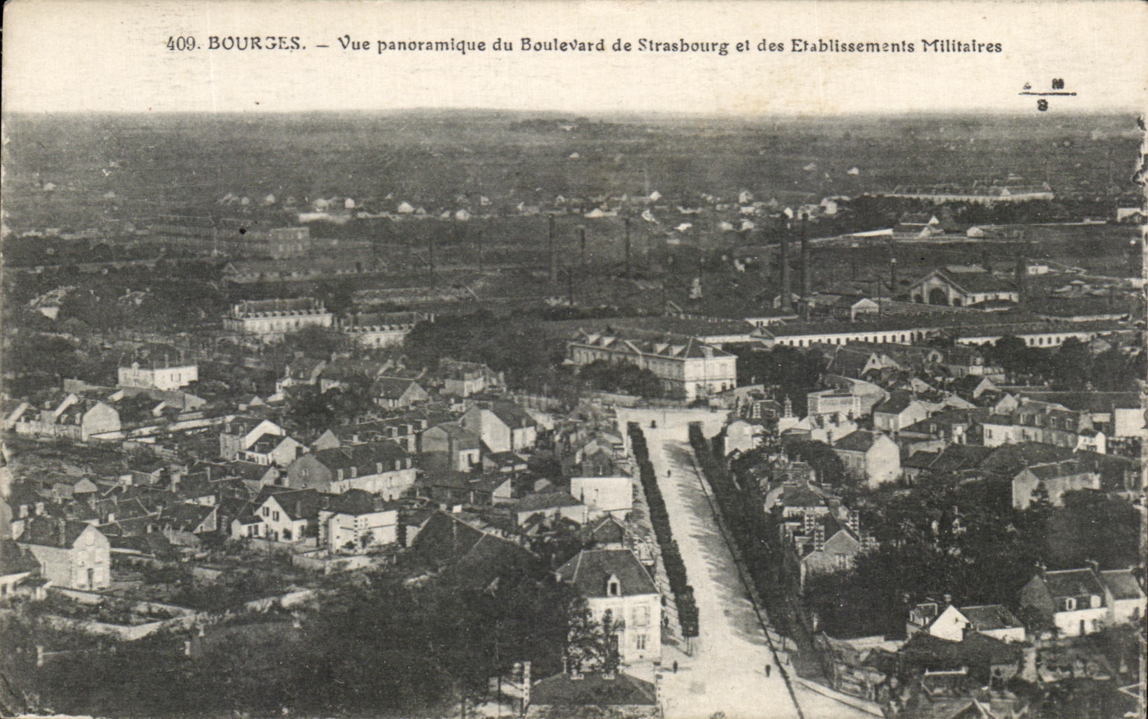 Bourges — Vue panoramique du Boulevard de Strasbourg et des Établissements Militaires — E. Maquaire, n°409
