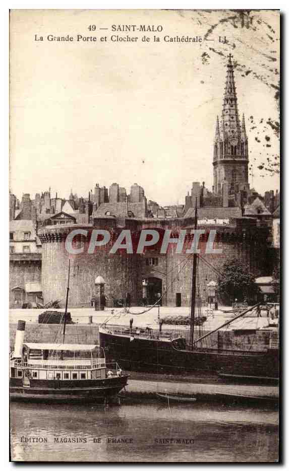 Vintage Postcard Saint Malo The Great Gate and Clock Tower of the Cathedral Boats