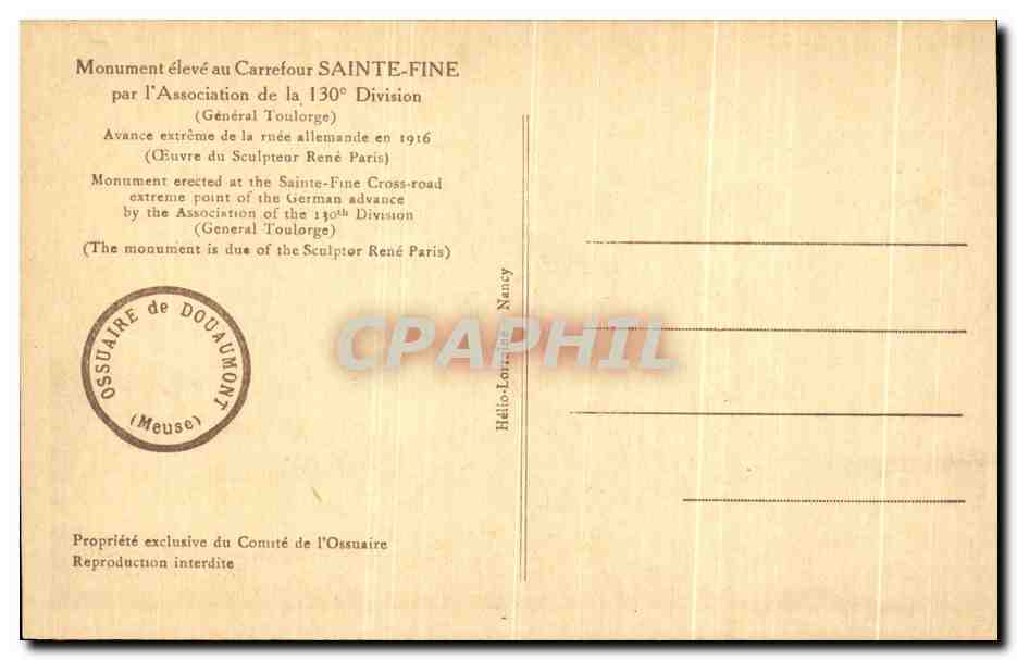 Monument aux Morts — Carrefour Sainte-Fine — Association de la 130e Division — Reverso