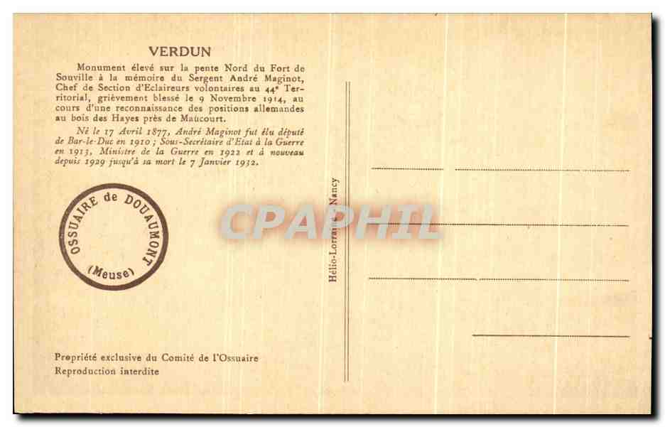 Monument à André Maginot — Verdun — Ossuaire de Douaumont — Reverso