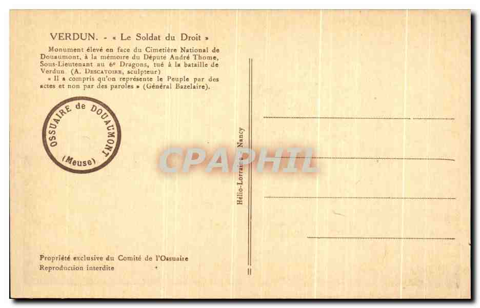 Verdun — « Le Soldat du Droit » — Monument à André Thome — Ossuaire de Douaumont — Reverso