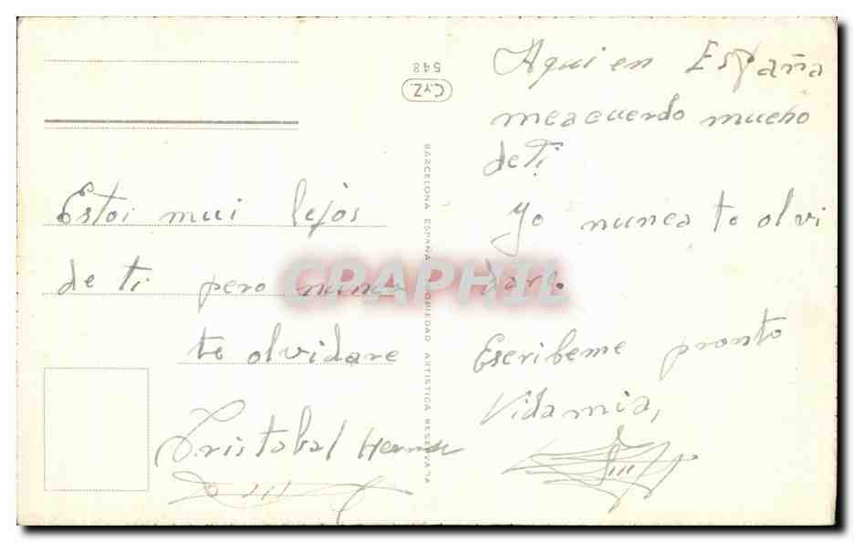 Couple amoureux — texte imprimé et manuscrit — éditeur 'Barceloneta Edición Artística' n°542 — Verso