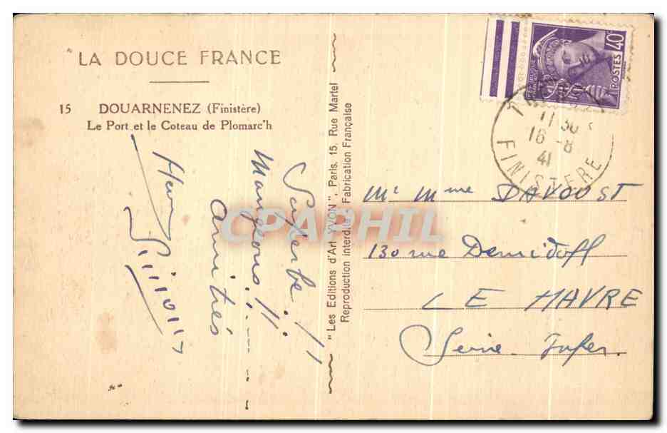 CPA Douarnenez Le port Et le Coteau de Plomarc h Bateaux — Rückseite