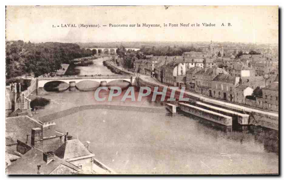 Laval (Mayenne) — Panorama sur la Mayenne, le Pont Neuf et le Viaduc — A. B.