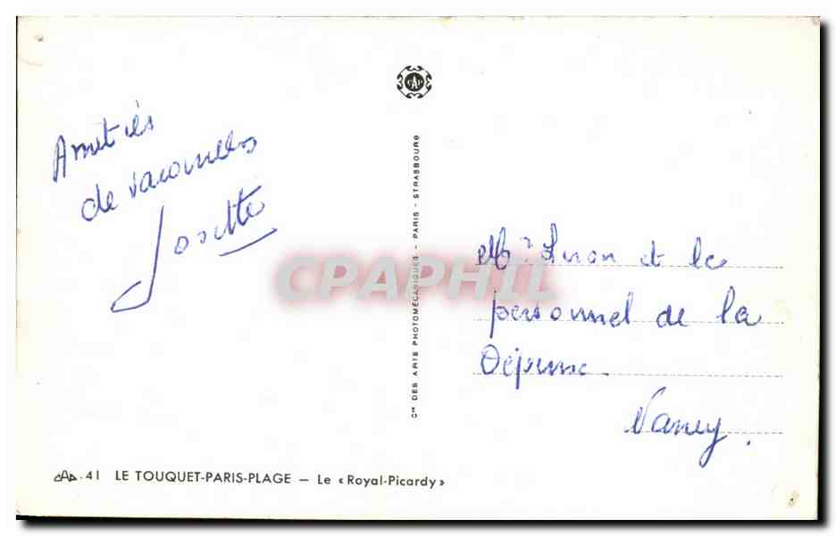 Vintage Postcard Le Touquet Paris Plage Le Royal picardy — Back