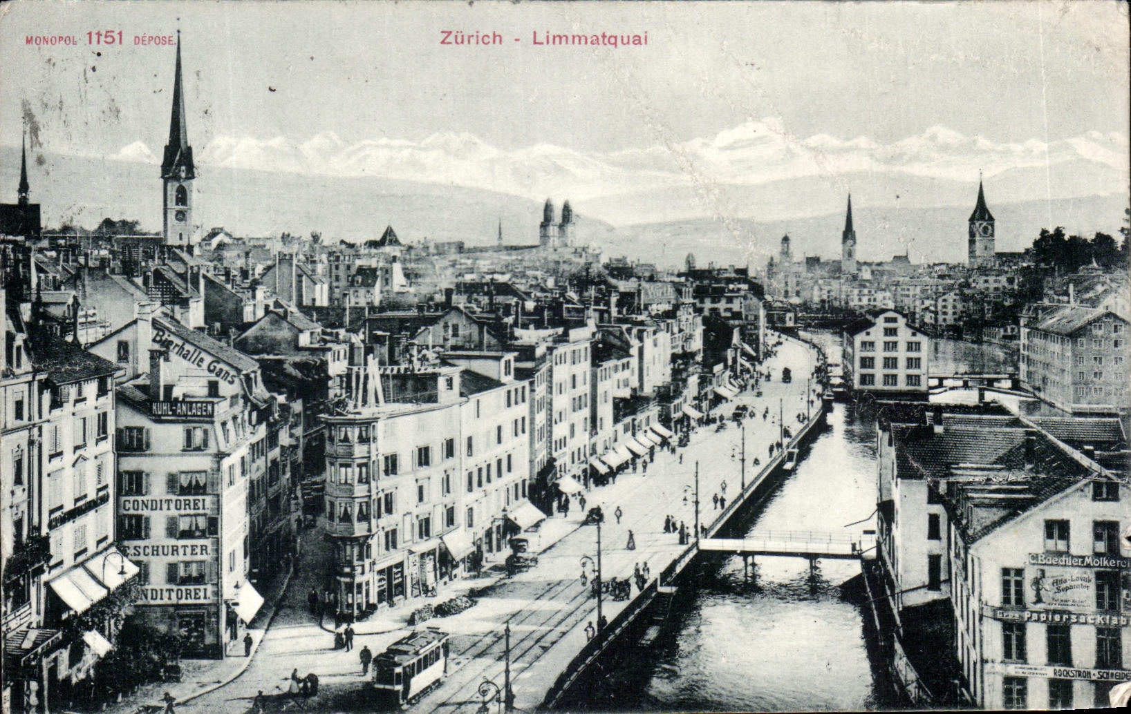 Zürich - Limmatquai — Panoramablick mit Straßenbahn und Gebäuden — Monopol 1151