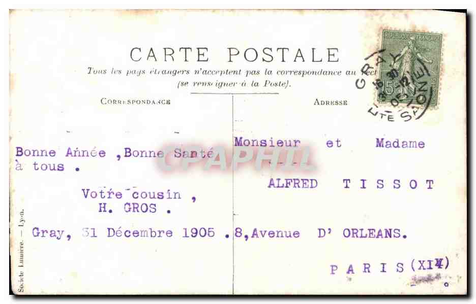 CARTE PHOTO Homme Gray Haute Saone H Gros 1905 — Verso