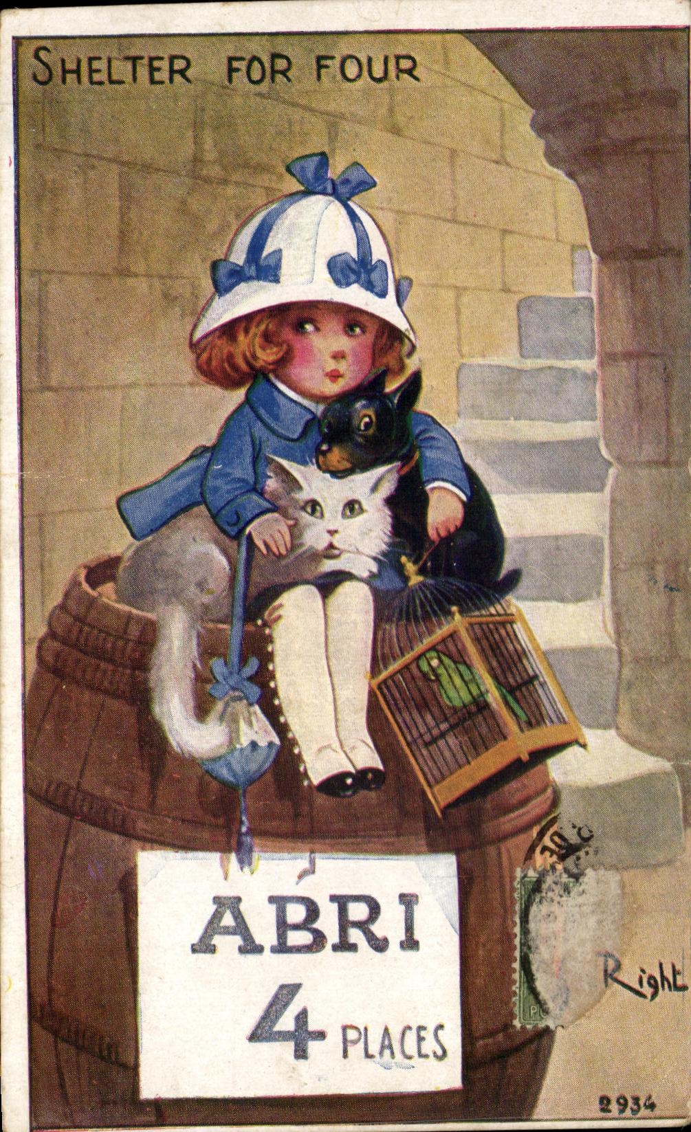 CPA Shelter For Four Abri 4 places Militaria Chat Enfant Perroquet