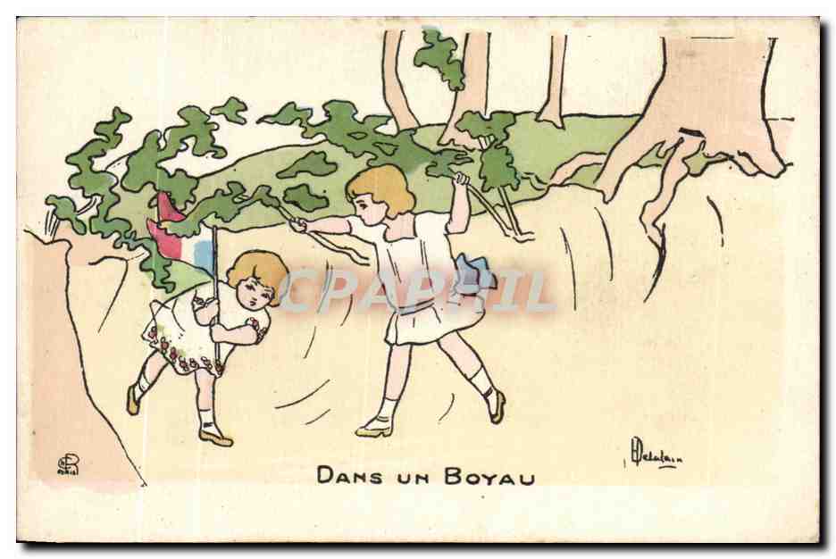 CPA dans un boyau Enfants Illustrateur