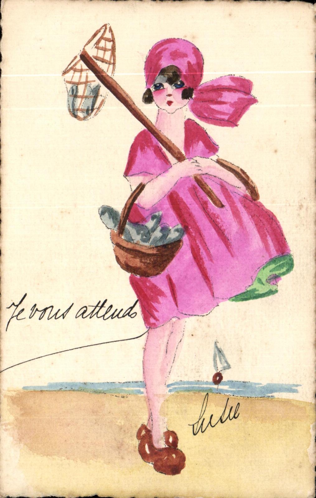 Frau in einem rosa Kleid mit einem Fischernetz — Strand-Szene — unbekannter Verleger