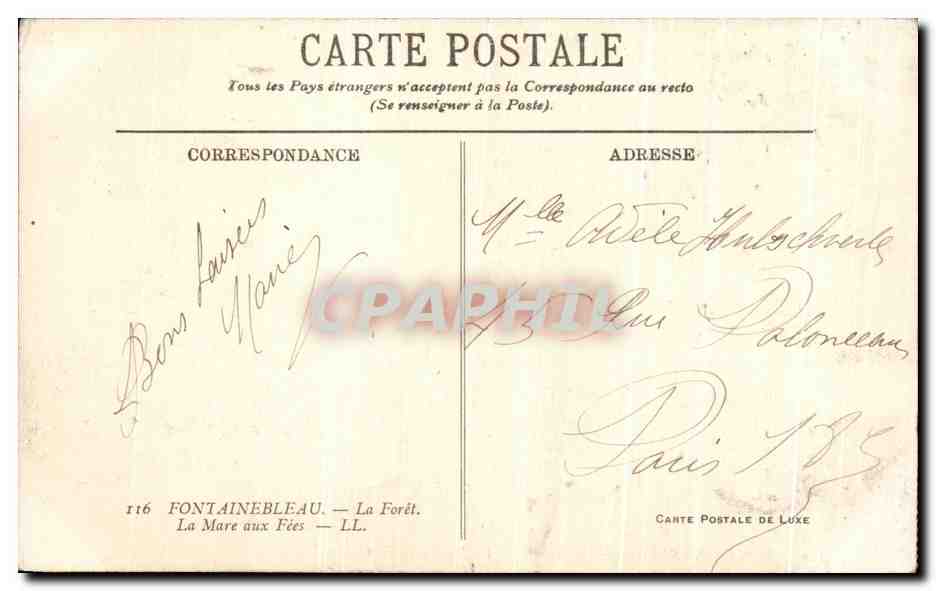La Mare aux Fées — Fontainebleau — Cartolina Postale di Lusso — Verso