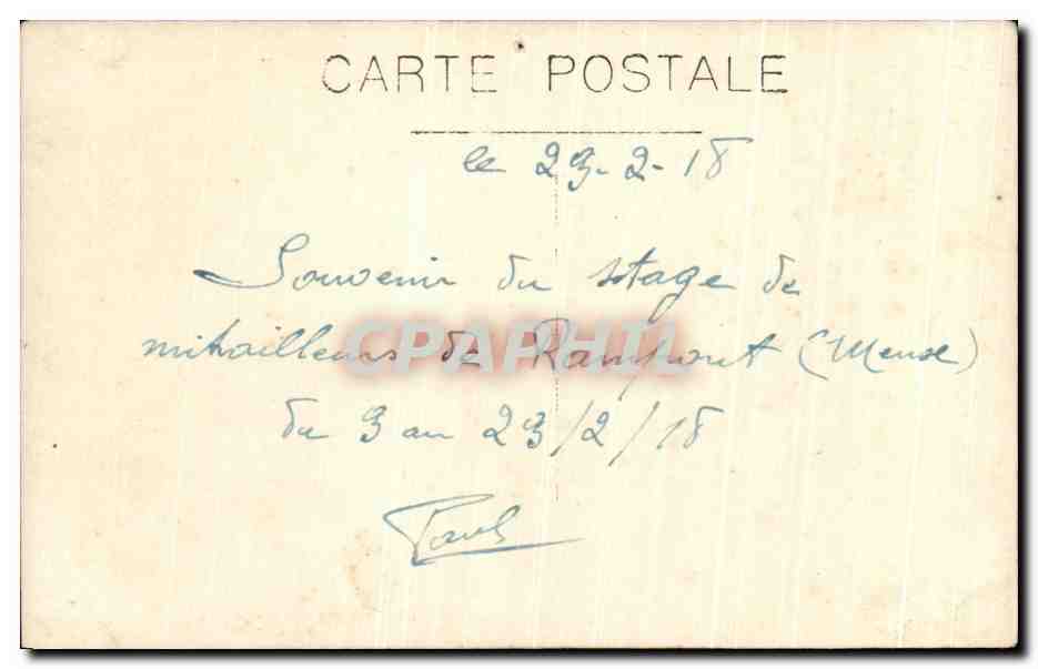 Soldados — grupo de militares — Tarjeta postal — Reverso