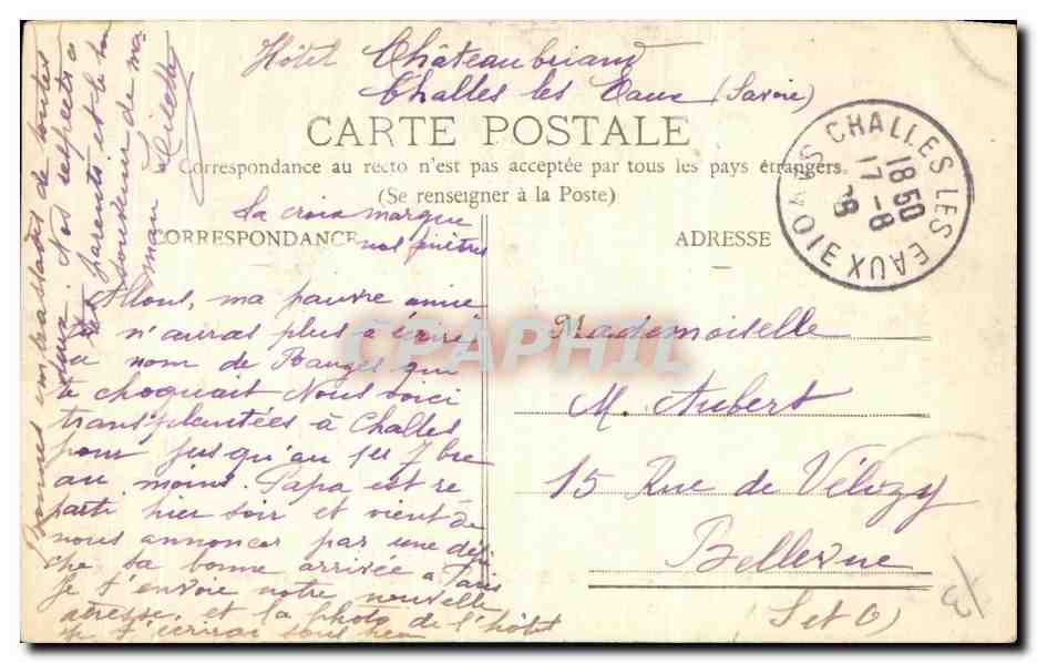 CPA Challes les Eaux Hotel Chateaubriant — Back
