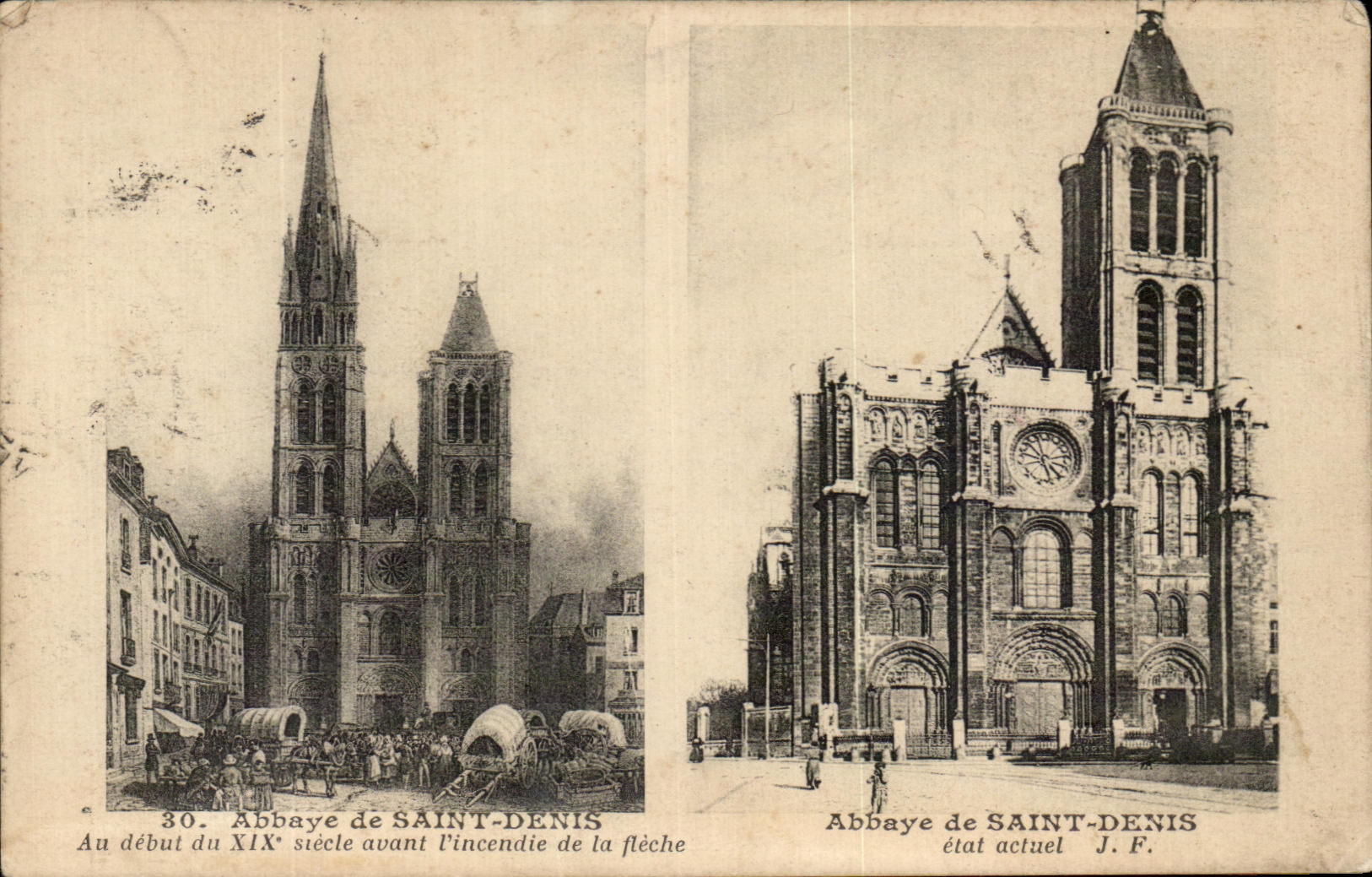 Abbaye de SAINT-DENIS — Comparaison historique avant et après l'incendie de la flèche — J.F. éditeur