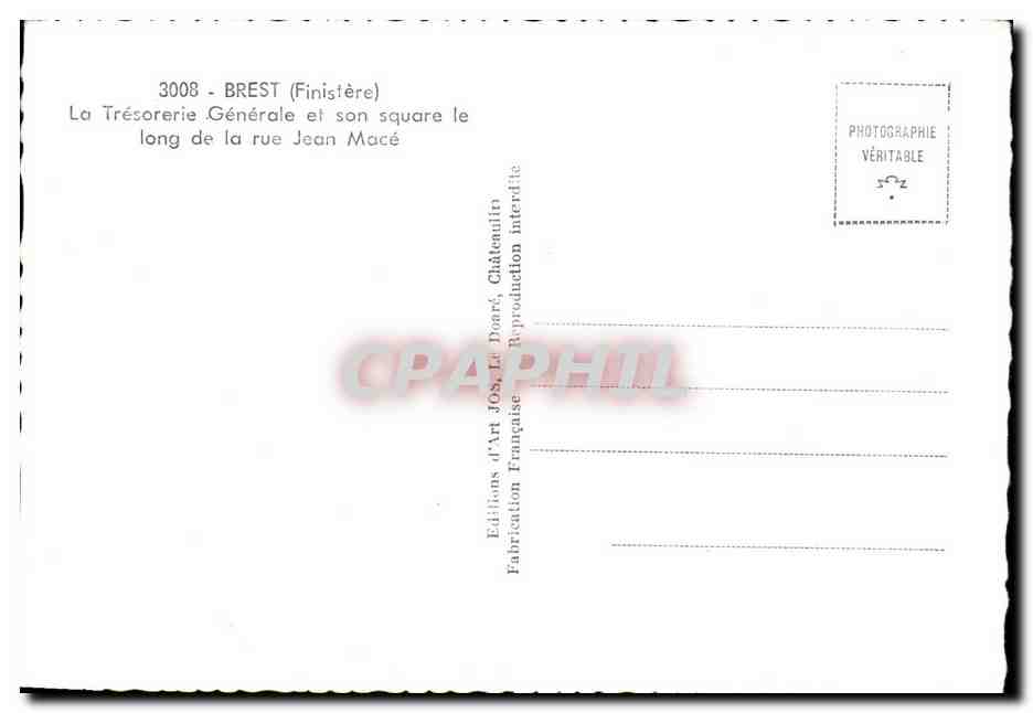 CPSM Brest La Tresoriere Generale Et Son Square le Long de la rue Jean Mace — Rückseite