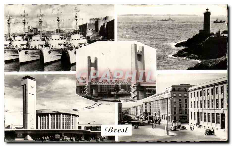 CPSM Brest Patrouilleurs a quai Phare de Minou Pont de Recouvrance La gare Rue de Siam