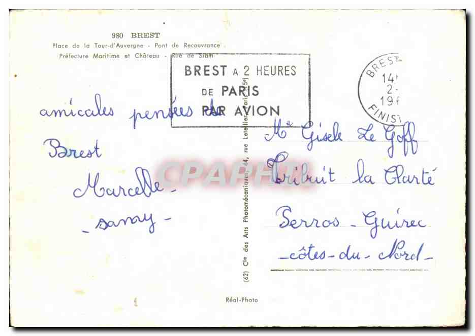 CPSM Brest Place de la Tour d Auvergne Pont de Recouvrance Prefecture maritime  — Rückseite