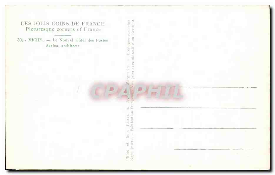 CPA Vichy Le Nouvel Hotel Des Postes Azeina architecte — Verso