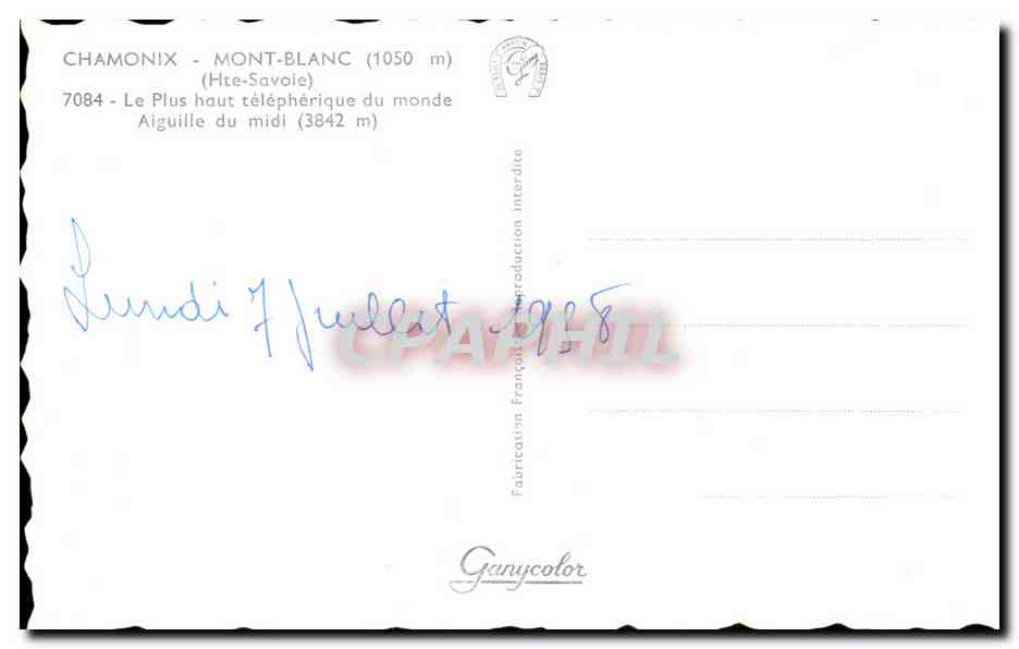 CPA Chamonix Mont Blanc Le Plus Haut Telepherique du monde Aiguille du Midi — Verso