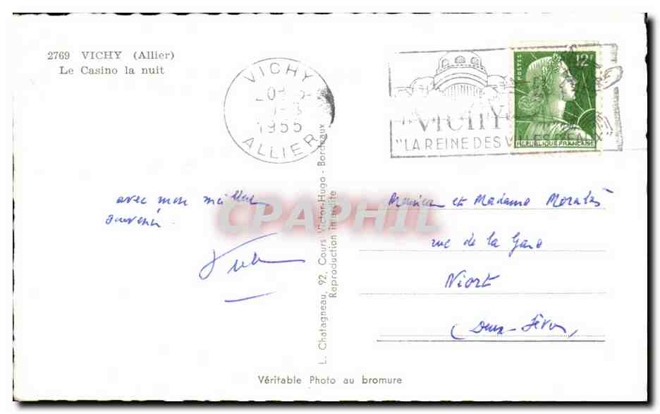 CPA Vichy Le Casino La Nuit  — Verso