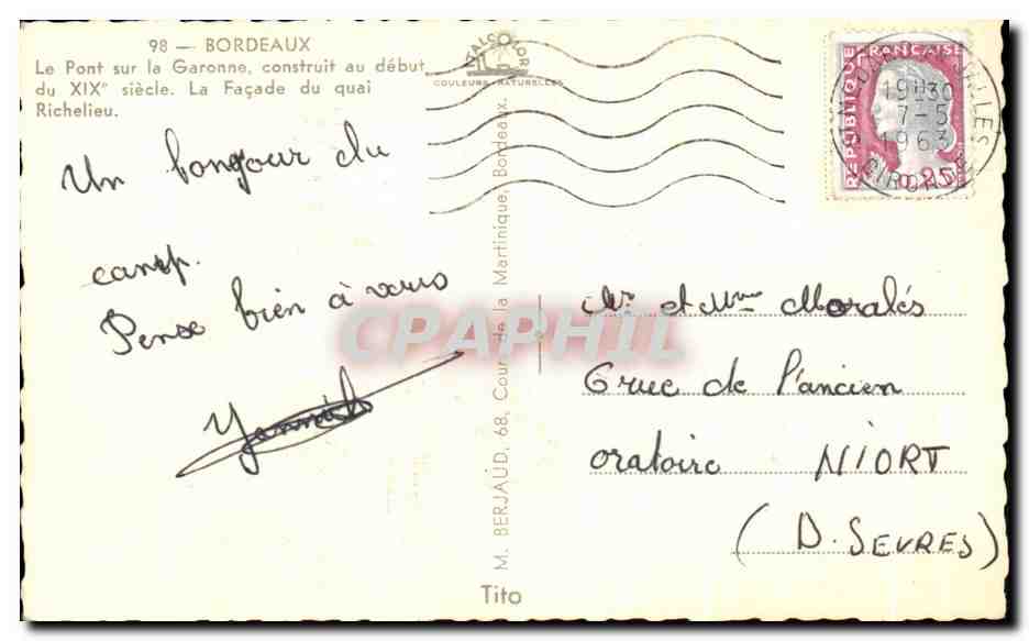 Bordeaux — Pont sur la Garonne, début XIXe siècle — éditeur Couleuvre Naturelles, n°98 — Verso