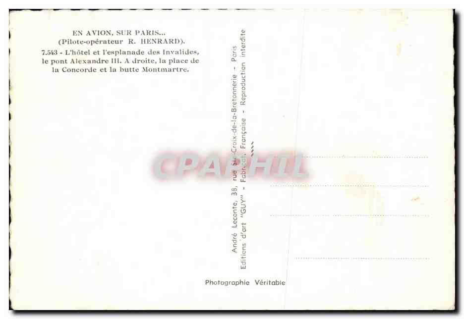 Vue aérienne de Paris — Hôtel des Invalides, esplanade, pont Alexandre III, butte Montmartre — Éditions d'art GUY — Verso