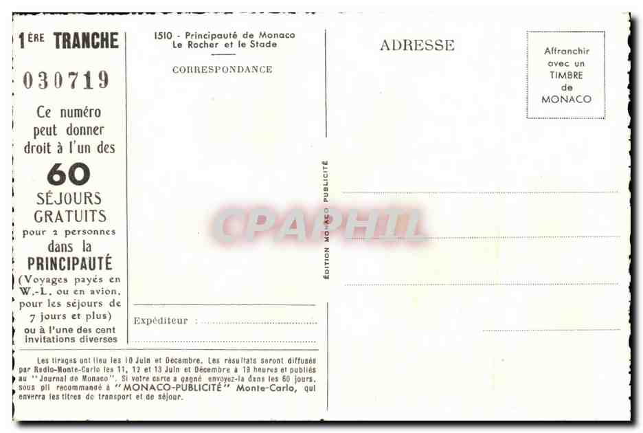 CPSM Monte Carlo Principaute de Monaco Le Rocher et le Stade — Verso