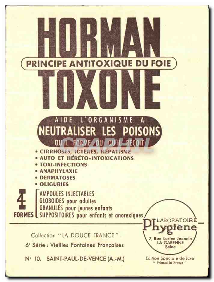 CPSM Saint paul en Vence Fontaine Publicite Horman Toxone Principe Antitoxique Du Foie — Rückseite