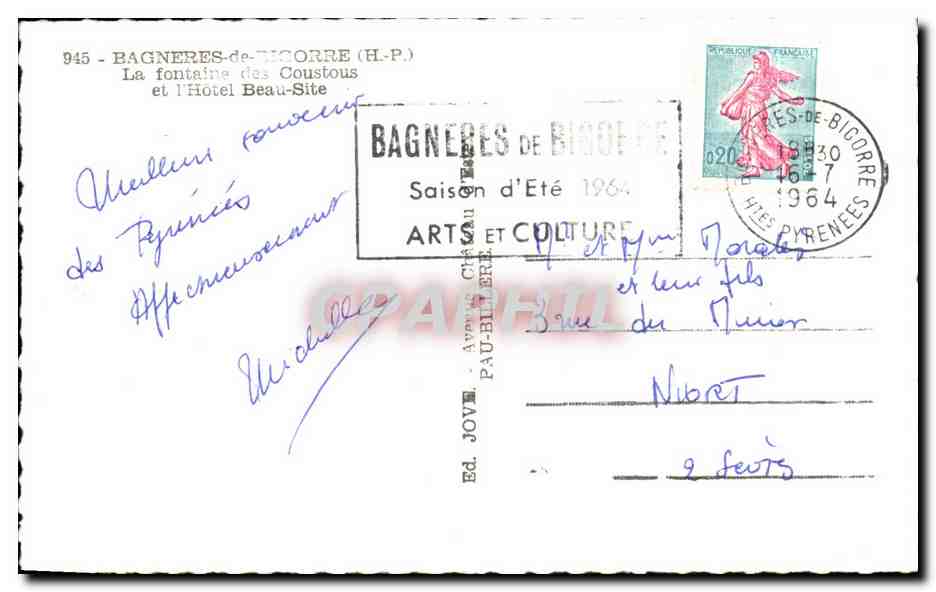 Bagnères-de-Bigorre — Fontaine des Coustous et l'Hôtel Beau-Site — Éd. JOYEL — Verso